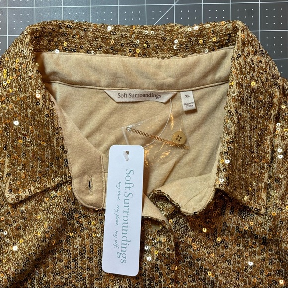 Soft Surroundings gold sequin long sleeve button up blouse top - Picture 4 of 8